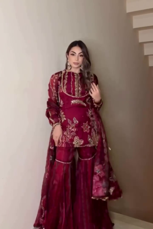 Red Organza Sequins & Mirror Boat Neck Sindoori Embroidered Kurta Sharara Set – Regal Festive Elegance