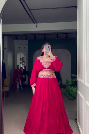 Embroidered Thread Work Semi-Stitched Lehenga