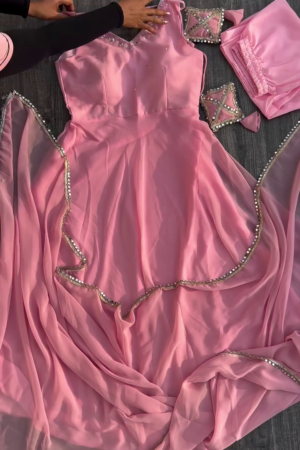 Trendy Women's Georgette Embroidered Anarkali Sleeveless Morni Gown and Dupatta with Elegant Design