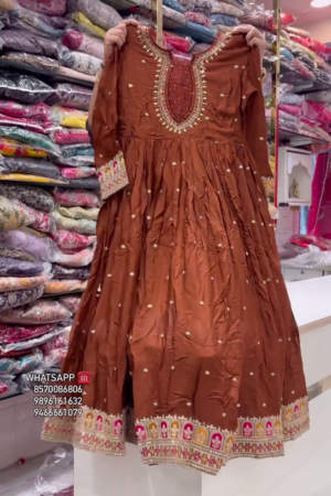 Floral Printed Notch Neck Thread Work Anarkali Kurta & Trousers With Dupatta