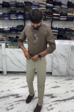 Osmond Leaf Design Embellished Shirt Olive