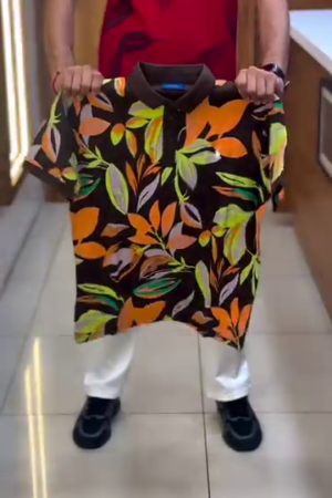 Floral Printed Polo Collar Cotton T-shirt