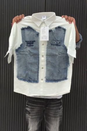 Colourblocked Drop-Shoulder Sleeves Relaxed Fit Denim Casual Shirt