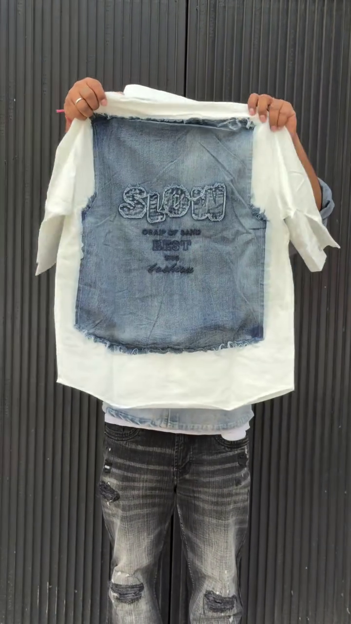 Colourblocked Drop-Shoulder Sleeves Relaxed Fit Denim Casual Shirt - Image 5