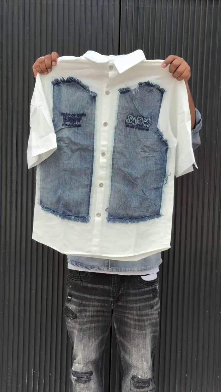 Colourblocked Drop-Shoulder Sleeves Relaxed Fit Denim Casual Shirt - Image 4