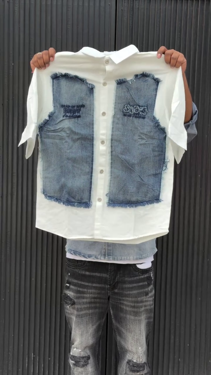 Colourblocked Drop-Shoulder Sleeves Relaxed Fit Denim Casual Shirt - Image 3