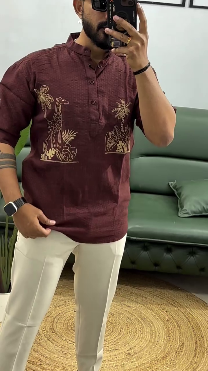 Men's Printed Cotton Blend Short Kurta | Regular Fit Casual Kurta Shirt for Men with Mandarin Collar - Image 7